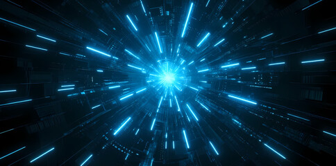 Abstract digital tunnel with blue light streaks radiating from a central point, creating a sense of high-speed motion through a futuristic space.