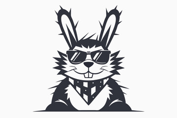 Cartoon hare wearing sunglasses and a neckerchief smiles with its two teeth showing clearly