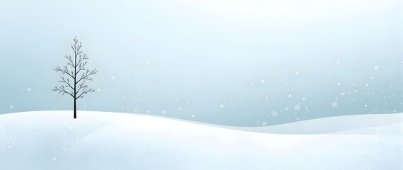 Minimal winter landscape with a lonely tree on snowy field and soft blue sky background