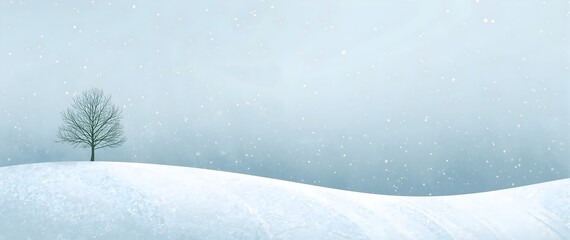 Minimalist winter landscape with single tree on snowy hill under falling snow