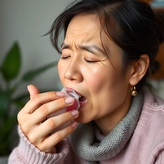 Asian woman chocking suffering asthma attack at home