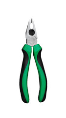Pliers tool close-up cutted out of background. PNG. One object. Black and green color. Handle tools. Hand nippers. Do it yourself instrument. High quality photo