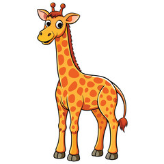 Fototapeta premium Cheerful cartoon giraffe is standing and smiling with its orange spots on the white backdrop
