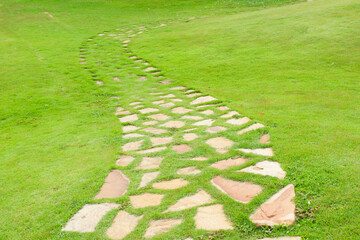 Garden landscape design with pathway in garden and footpath in picturesque summer park and staircase in backyard,Paving stones on floor in park,space for text.