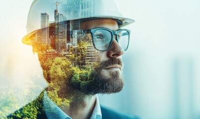 Portrait of a businessman, CEO, or architect, symbolizing sustainable architecture and design principles. The image highlights eco-friendly construction methods corporate responsibility, Generative AI