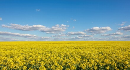 Vibrant yellow rapeseed field blooms beneath a bright blue sky dotted with fluffy white clouds, creating a stunning natural landscape perfect for spring projects
