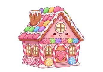 Cute pink candy house with smiling face and colorful sweets gingerbread