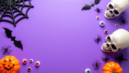 Top view composition of Halloween decorations placed as a frame on dark purple background with empty central space. Includes jack-o’-lantern, skull, bats, spiders, cobwebs, toy insects, candy eyeballs