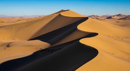 Discover the tranquil allure of golden sand dunes stretching into the horizon. An ideal visual for travel, environmental projects, or conveying a sense of peace and natural grandeur.