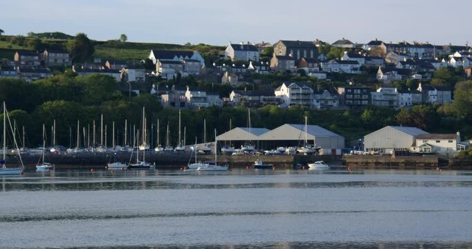 Wide shot of Y Felinheli, Port Dinorwic at low tide on the Menal Strait at Moel Y Don, Llanfairpwllgwyngyll