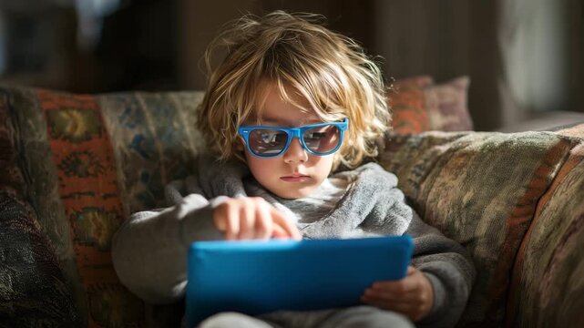 Child wearing blue light glasses reading tablet with focus and calm expression sitting on patterned sofa in cozy indoor casual clothing blond hair
