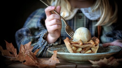 Young girl in a plaid dress enjoying a delicious apple pie with a scoop of vanilla ice cream in a cozy autumn setting.