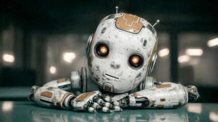 Cute robot with glowing eyes resting its head on its arms.