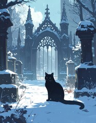 A black cat sits in a snowy graveyard with gothic archways