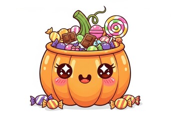 Kawaii pumpkin candy bucket overflowing with colorful sweets and chocolate bars halloween