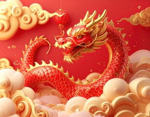 A vibrant, stylized dragon amidst clouds