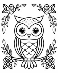 Whimsical Owl Amidst Blossoming Branches An Enchanting Black and White Illustration for Coloring Enthusiasts of All Ages