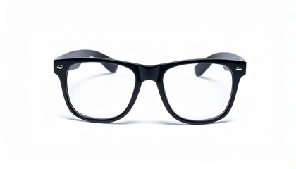 A pair of stylish black eyeglasses sit. The glasses are classic wayfarer-style frames
