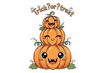 Three stacked cartoon pumpkins with happy faces and text Trick or treat halloween jackolantern