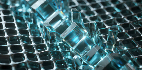 Naklejka premium Transparent blue glass cubes arranged on a metallic grid surface with reflective lighting