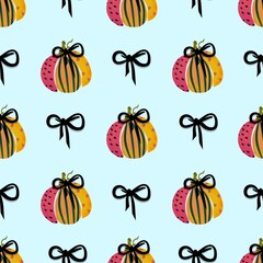 Halloween pumpkins with black bow on blue background