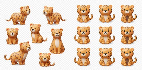 Collection of cartoon leopard cubs in various poses, some standing and some sitting, on a transparent background.
