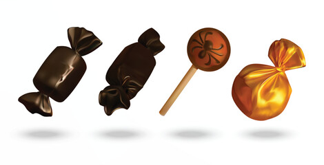 Halloween Candy 3d icon set. Wrapped Sweets and Spider Lollipop vector 3d illustration
