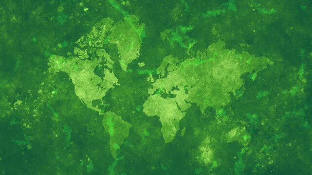 Green grunge world map agains textured background, pulsing grunge surface, mottled and stained backdrop
