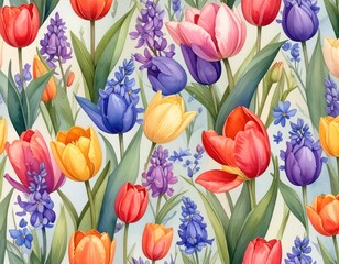 Vibrant floral pattern with tulips and hyacinths