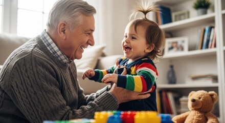 Fototapeta premium A grandfather and a toddler playing with toys in a cozy living room.