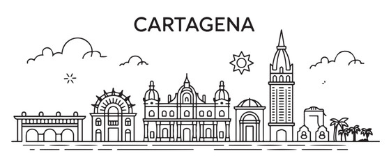 Obraz premium Cartagena Line Art skyline horizontal banner. Cartagena, Colombia. with white background