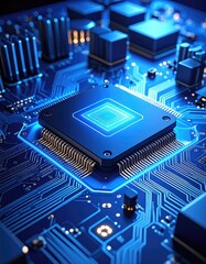 Close-up of a circuit board with a central processor chip