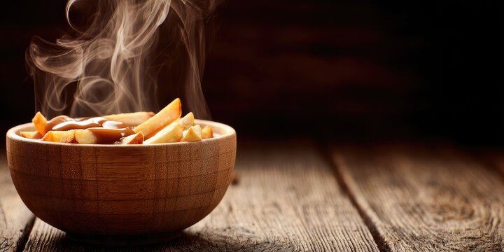 Steaming fries in a wooden bowl