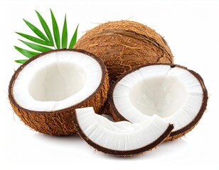 Two halves of a coconut with a whole coconut and a palm leaf