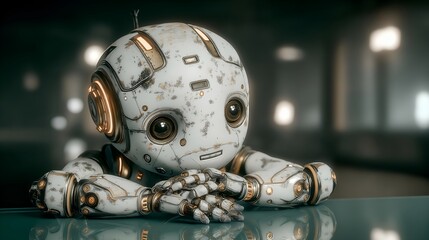 Cute Robot Character Resting Its Head on a Table.