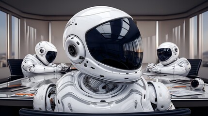 Astronauts in a modern office meeting, futuristic concept.