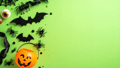 Halloween decorations arranged as a spooky frame on bright neon green background with copy space in the center. Features pumpkin bucket, skull, bats, spiders, webs, toy insects, and candy eyeballs.