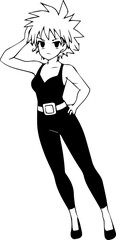 Black and white hot anime character line art illustration, stylish minimal outline drawing in clean style