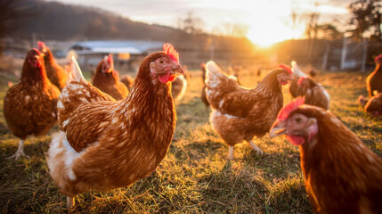 Fototapeta premium Free-range brown chickens in a sunny farmyard in the Golden Sunset area, organic poultry farming