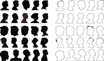 User profile icon set. Profile, people silhouette, person, avatar, sign up button vector collection.Black silhouette avatar collection of men heads, profile icons, human face outline, vector design
