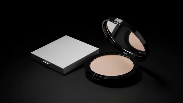 Elegant powder compact with mirror and blank packaging on sleek black backdrop