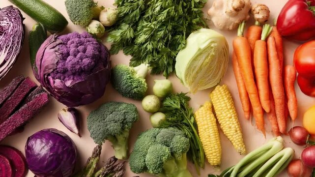Colorful assortment of fresh vegetables: purple cabbage, broccoli, carrots, corn, tomatoes, peppers, onions, zucchini, and leafy greens.