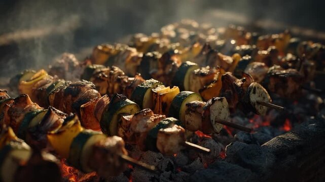 Skewers of meat and vegetables grilling over hot charcoal.