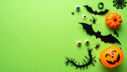 Halloween decorations arranged as a spooky frame on bright neon green background with copy space in the center. Features pumpkin bucket, skull, bats, spiders, webs, toy insects, and candy eyeballs.