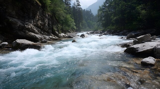 Vibrant turquoise river rushes through a rocky mountain landscape surrounded by lush green trees under clear bright sunlight