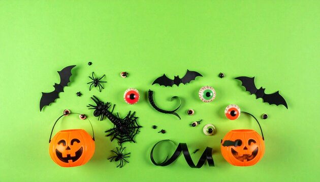 Halloween decorations arranged as a spooky frame on bright neon green background with copy space in the center. Features pumpkin bucket, skull, bats, spiders, webs, toy insects, and candy eyeballs.