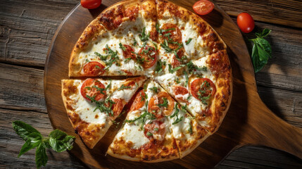 Freshly baked pizza Margherita with mozzarella, tomato slices and basil on a wooden board, top view