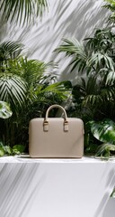 Light beige leather briefcase amidst lush greenery