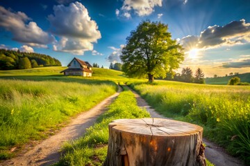Obraz premium Idyllic Countryside Landscape with Path Tree Stump and Distant House at Sunset
