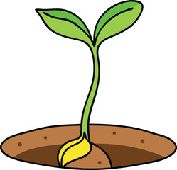 Illustration of a bright green seedling emerging from a seed in brown soil, symbolizing growth, life, and the beginning of a plant's cycle